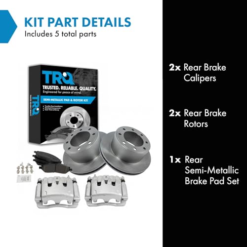 Image of TRQ Rear Brake Pad, Caliper, & Rotor Kit Semi-Metallic Vented Compatible with 2005-2007 Ford F-250 Super Duty F-350 Super Duty