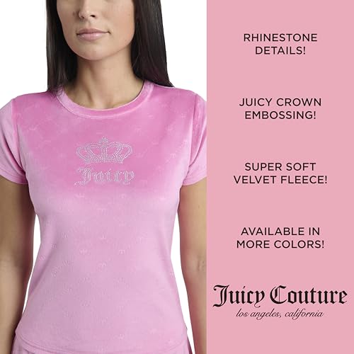 Image of Juicy Couture Women's 2 Piece Velvet Fleece Short Sleeve Shirt and Pajama Shorts Lounge Sleepwear Set