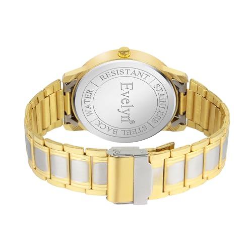 Image of Evelyn Men's Two-Tone Watch, Gold and Silver Stainless Steel Band, Turquoise Dial, Roman Numerals, Day-Date Display