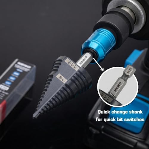 Image of NEIKO 10628B Step Drill Bit, 2 Steps 7 /8 inch to 1-1 /8 inch Straight M35 Cobalt, AlTiSiN Coated, 1 /4 inch Quick Change Step Bits for Steel, Metal, Wood, Plastic, Unibit Cone Drill Bits, Two Flute