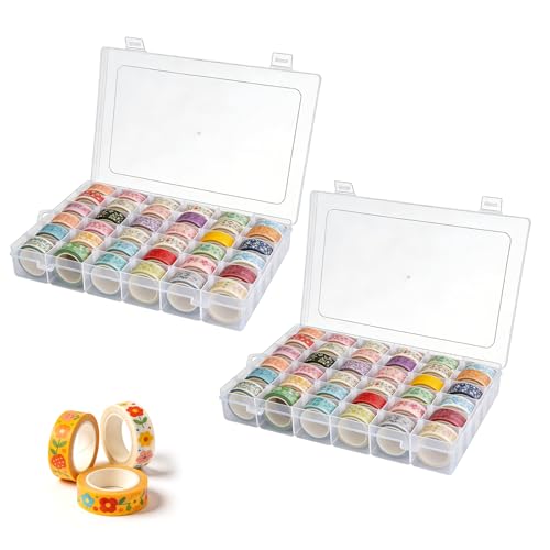 2 Pack Washi Tape Organizer Box 36 Grids Clear Plastic Box with Removable Dividers Ideal for Washi Tape Storage and Carrying Suitable for Storing Stationery Beads Art DIY Crafts Art Supplies