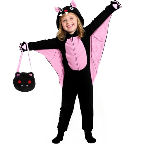 Learn2M Halloween Bat Costume for Girls Kids Onesie Costume with Bat Wings Ears Paws Candy Bag Cute Animal Costume Dress-Up Birthday or Any Occasion (7-8Years)