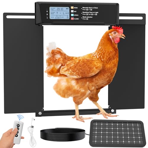 Automatic Chicken Coop Door Solar and Battery Powered,6 Modes Chicken Coop Door with Timer,Light Sensor, Aluminum Electric Auto Chicken Door Opener with Remote Control,Anti-Pinch,Weatherproof