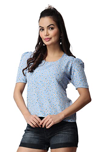 Image of POPWINGS Casual Printed Puff Sleeves Round Neck Top for Women || Stylish Summer Tops for Women || Hip-Length Women Top