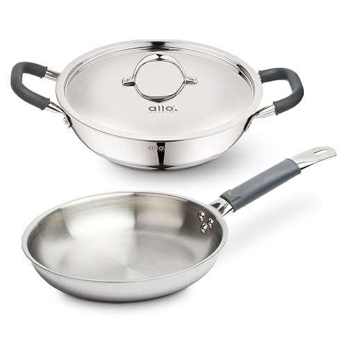 Image of Allo Stainless Steel Triply Cookware Set | Kadai with Lid (22 Cm /3 L)+ Fry Pan (22 Cm /1.5L) | Perfect Cooking Combo for Curry /Stir-Fry /Deep-Fry /DryVeg /SautA Induction Friendly Set of 3Pcs | Nonstick