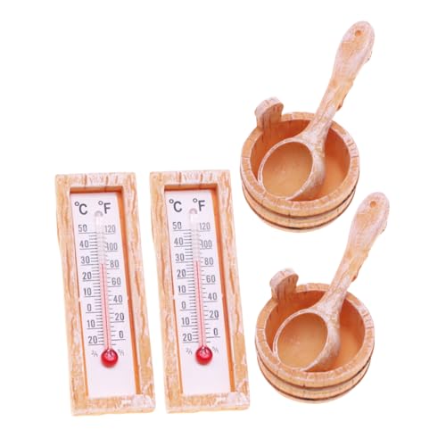 HEMOTON 2 Juegos Miniature Dollhouse Sauna Props Kit Resin Thermometer and Bucket Accessories For Mini Scene Decoration Compact Summer Bathhouse Details