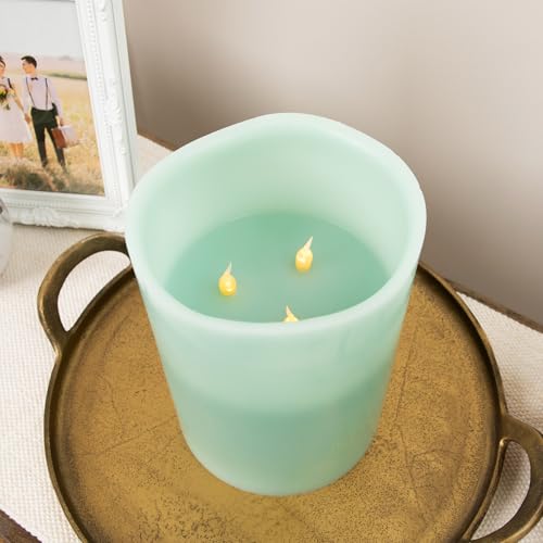 Image of Northlight Flameless LED Lighted 3-Wick Flickering Wax Pillar Candle - 8 inch - Sage Green
