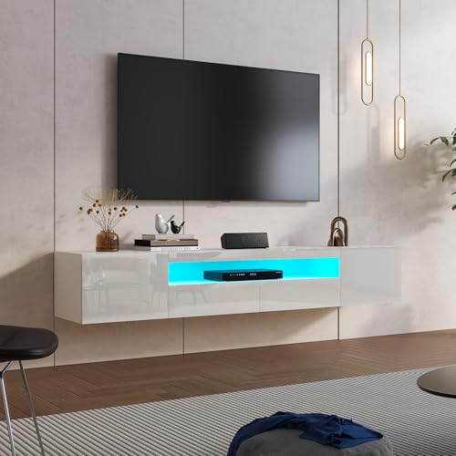 KEEPREAPER TV-Schrank, Lowboard mit LED-Beleuchtung, Fernsehtisch hängend, Fernsehschrank Hochglanz, für Fernseher bis zu 85 Zoll, für Wohnzimmer, 180 x 35 x 30cm (Weiß)
