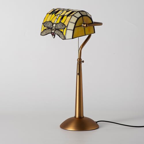 Alpinaluz Lámpara de Mesa Estilo Tiffany Amarilla con Pantalla de Cristal Tipo Vitral Libélula, Casquillo E27, Base Metálica Color Bronce, Interruptor de Cadena para Dormitorio, Escritorio y Lectura