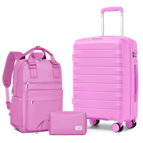 Image of LARVENDER Carry On Luggage 22x14x9 Airline Approved, Suitcases with Wheels | Luggage Sets 3 Piece, Hardside PP Carry On Suitcase for Women Men, TSA Lock, Neon Pink