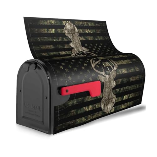 Image of Retro Patriotic American Flag Deer Mailbox Covers Magnetic Mailbox Wraps Post Letter Box Cover Standard Oversize 21 inchX18 inch /25.5 inch X 21 inch Mailwrap Garden Home Decor