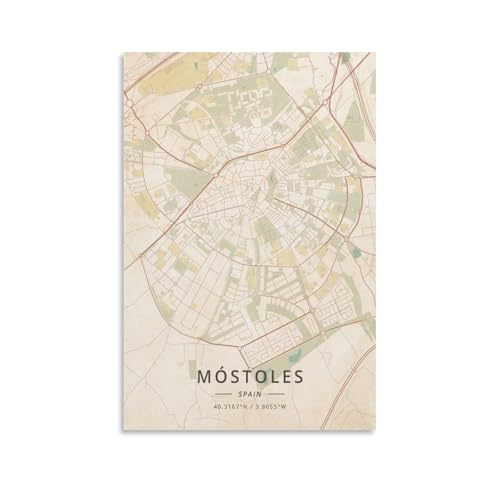 LZTEN Mostoles Spanien karta affisch vintage tryck konst väggdekoration affisch familj bar restaurang garage kafé konst skylt gåva ram 50 x 75 cm (20 x 30 tum)