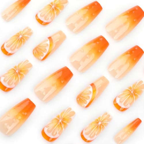 Image of NBNTGH Orange 3D Fruit Design Glossy Glue on Nails, 24 Pcs (Pack of 1), Medium Coffin Shape, Full Cover Stick on Nails, Reusable, Spring /Summer Manicure