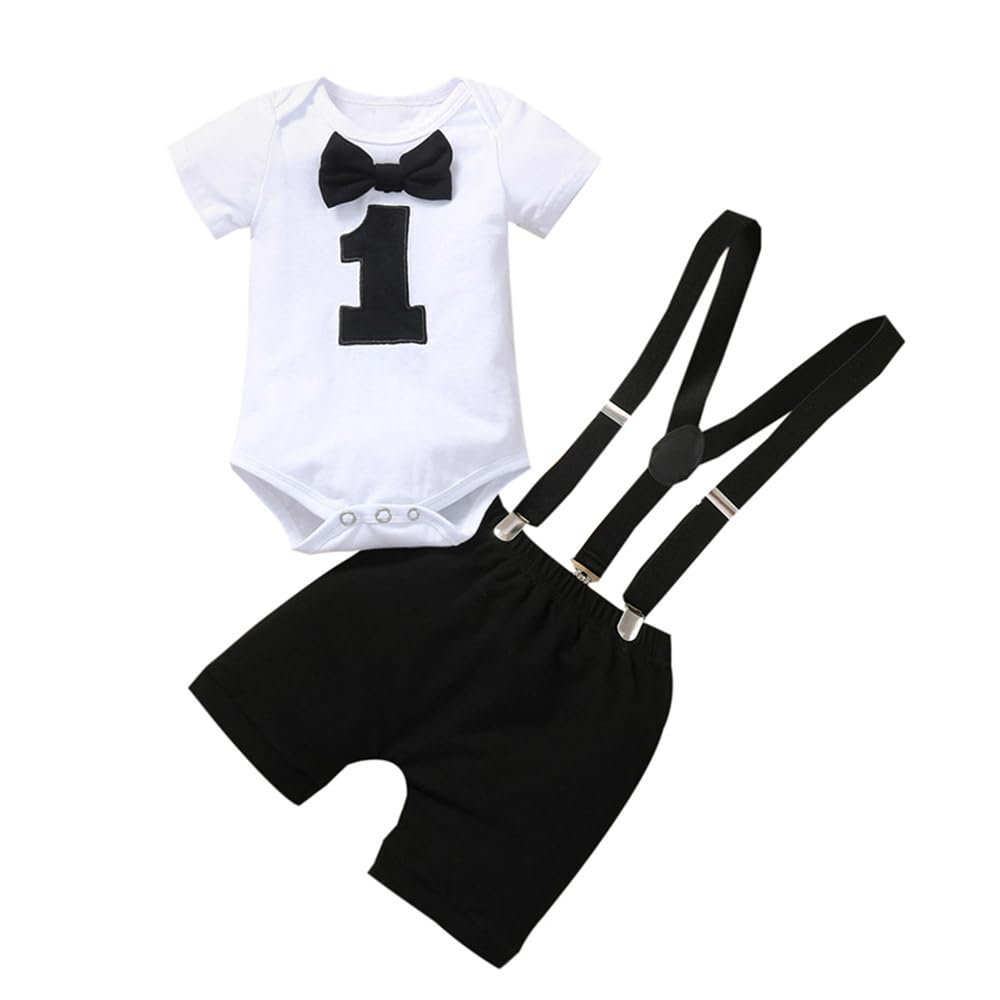 YARDHOBIBaby Boy Funny First Birthday Clothes Infant Boy Bow Tie Romper Bodysuit Cake Smash Outfits Bowtie Romper + Suspender Shorts Cake Smash Outfits Adjustable Y Back Suspenders Clothes Set 100cm, One Size