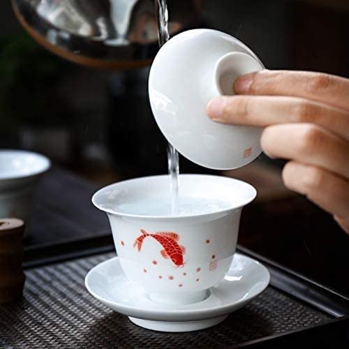 Taza, tazas de té de China, Dehua Porcelana blanca Tazón cubierto pintado a mano Taza de té Juego de té de Kung Fu Taza de té de elaboración Tazón de Sancai Tazón de té pequeño Juego de té hecho a man