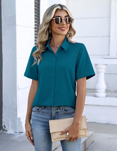 Image of Zeagoo Button Down Shirts for Women Short Sleeve Collared Tops Dressy Casual V Neck Blouses