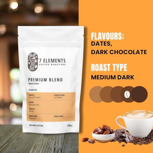Image of 7 Elements Coffee Roasters Premium Blend Ground Coffee - 250 g (Pack of 1) | Medium-Dark Roast (Espresso, Moka Pot Grind) | Specialty Robusta & Arabica Coffee Grounds | Rich Flavorful Coffee