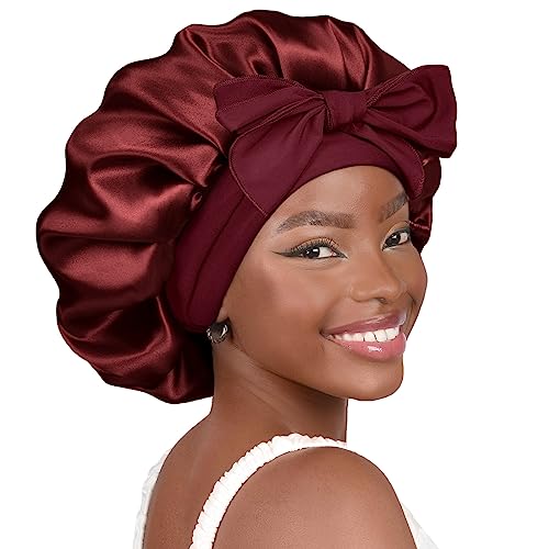 YANIBEST Adjustable Satin Bonnet for Sleeping Women Double Layer Hair Wrap Reduce Friction Prevent Frizz Natural Curly Hair Burgundy