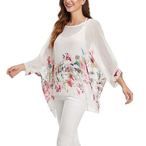 Image of Ckikiou Plus Size Batwing Flowy Semi Sheer Chiffon Blouse Tunic for Women Summer Floral Print Boho Beach Cover ups