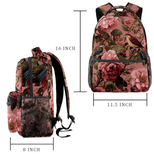 Vintage Pink Floral and Bird Pattern Backpack Cute Bookbag Durable Daypack for Girl Boy2