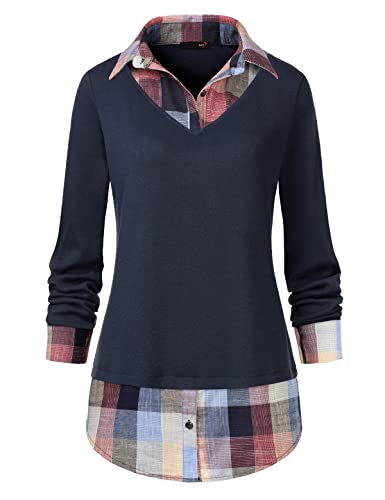 DJT FASHION Plaid Buttons Pullover Tops 3/4 Sleeve Sweatshirt T-Shirt Top L Blue #2 DJT FASHION Plaid Buttons Pullover Tops 3/4 Sleeve Sweatshirt T-Shirt Top L Blue #2