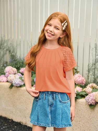 Image of Girls Pleated T Shirts Kids Fashion Lace Sleeve Summer Tops Casual Crewneck Blouse 5-14 Years