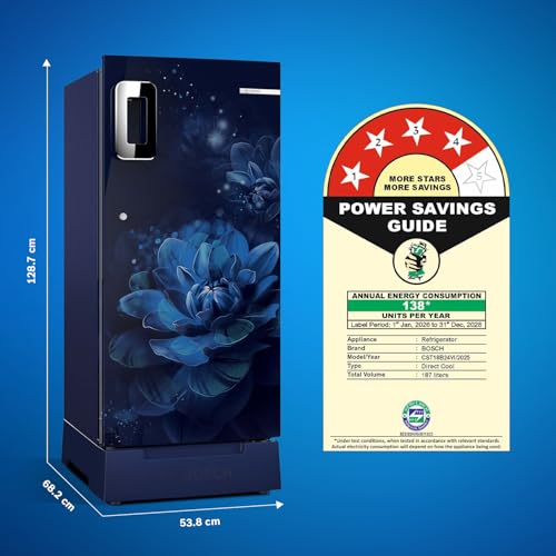 Image of Bosch 187 L, 4 star, Direct-Cool Single Door Refrigerator | 18 Hrs Cooling Retention | 2.5X Faster Cooling | Spacious Multi Box | XL Dry Storage | SuperFreeze (2026 model, CST18B24VI, Sevian Blue)
