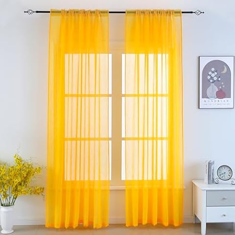 Tony's collection Christmas Faux Linen Yellow Semi Sheer Curtains 84 for Living Room Bedroom Bathroom Nursery 2 Panels Rod Pocket Light Filtering Window Curtain (34×84 Inch, Yellow, 2 Panels) Cover