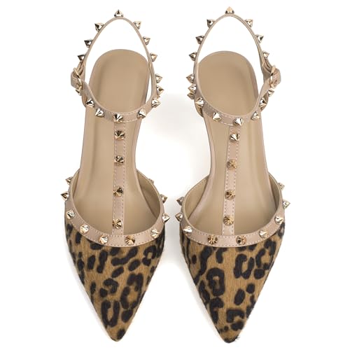 Image of XINIUNIU Studded Heels for Women Kitten Heels with Studs Stiletto Sandals with Rivet Ankle Strap Patent Leather Pointy Toe 2.5 Inch Party Daily Wear Evening Sandals