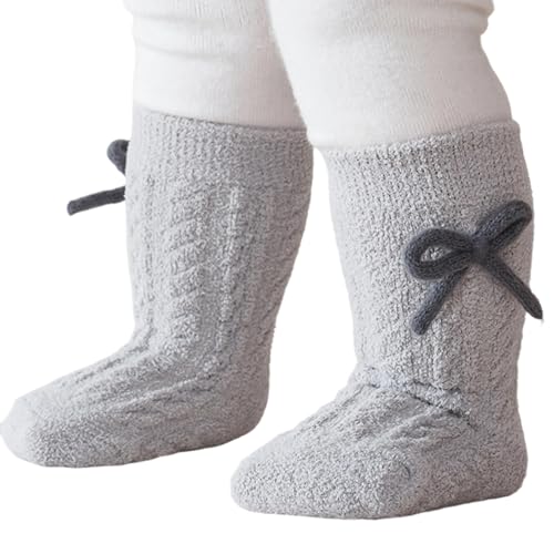 KMGDM - Calcetines infantiles con acento antideslizante, altura de tubo medio, forro polar, parte superior elástica, con lazo, para niñas pequeñas, calcetines cálidos para bebé de invierno, Gris, XS