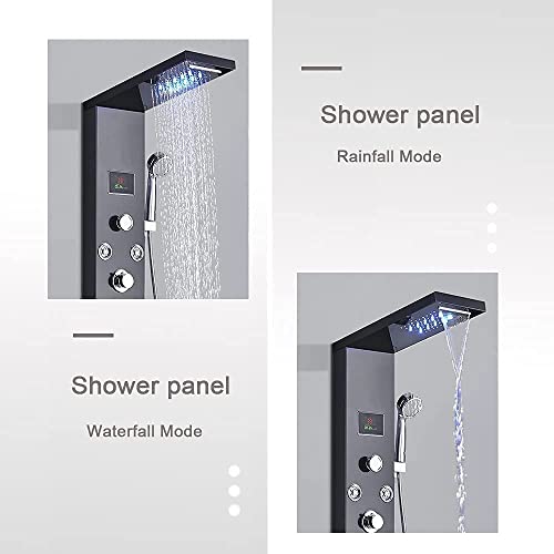 Fuz Contemporary Shower Panel Tower System Stainless Steel 6-Function Faucet Led Rainfall Waterfall Shower Head + Handheld Sprayer + Rain Massage Body Jets + Tub Spout, Black. #TOP5