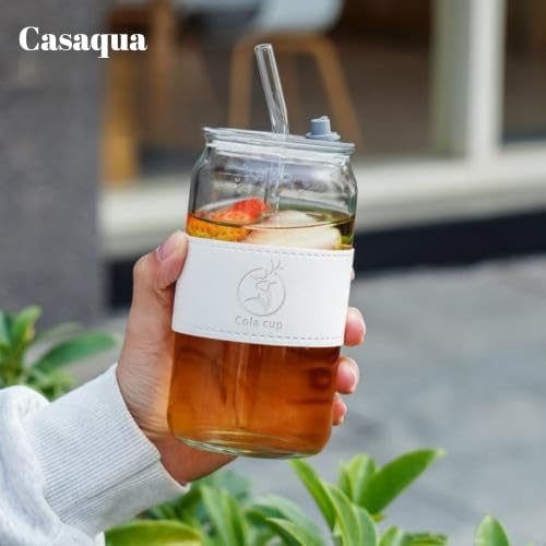 Image of Glass Can Tumbler with Lid & Straw - 500ml, Set of 1, Iced Coffee Cup, Reusable Drinking Glass with Sleeve, Leakproof Lid, Clear Glass Tumbler for Coffee, Tea, Juice, Smoothies & Boba