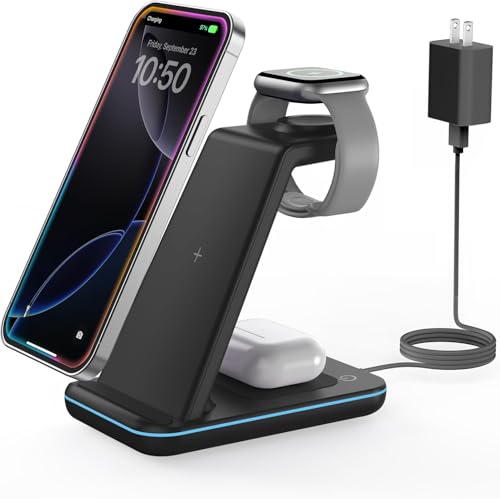 Wireless Charger for iPhone Charging Station: 3 in 1 Phone Charger Stand for iPhone 16/15/14/13/12/11/SE/X Pro Max Plus - Apple Watch Ultra/10/9/8/SE/7/6/5/4/3 - AirPods 2/3/4 Pro