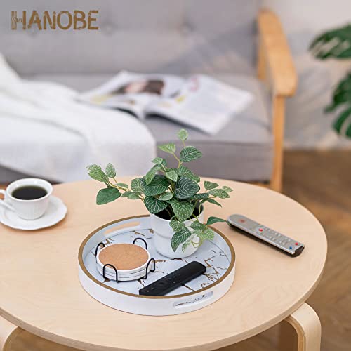 Hanobe Round Decorative Coffee Tray: Marble Pattern Serving Circle Tray with Handles Coffee Table Trays for Living Room Bar Drink Party Home Kitchen White - Image 4