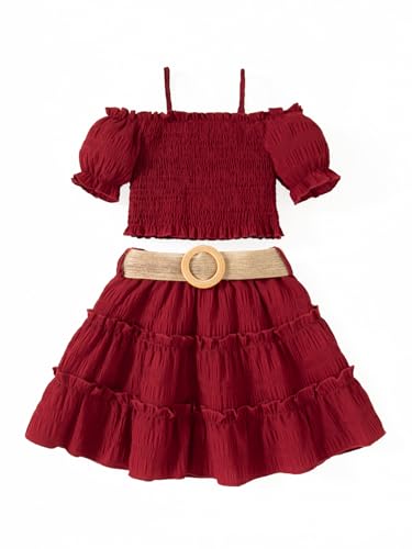 Image of Girls Outfits Puff Sleeves Off Shoulder Crop Tops and Ruffle Flared Hem Skirt Set Toddler Summer Clothes