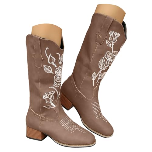 Xbemkste Bottes de cowboy pour femme avec talon brodé, mi-tige, bottes western à enfiler, bottes longues, bottines mi-hautes, élégantes, antidérapantes, café, 40 EU