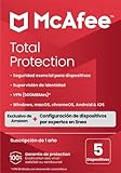 McAfee Total Protection 2023 + Configuración del nuevo dispositivo | Exclusivo en Amazon |5 dispositivos |Software de seguridad en Internet con antivirus | VPN |1 año de suscripción |Tarjeta de clave