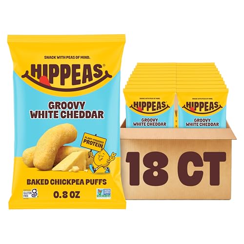HIPPEAS Chickpea Puffs, Groovy White Cheddar, Gluten Free Snacks, Dairy Free, Vegan, 0.8oz, Pack of 18, 3g Protein, 2g Fiber, Crunchy, Nutritious, Baked Plant Protein Snack, Non-GMO, Kosher