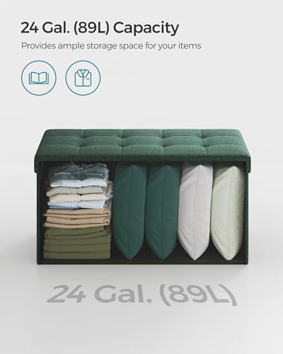 Image of SONGMICS Mazie Collection - 30 Inches Folding Storage Ottoman Bench, Ottoman Foot Rest, End of Bed Bench, Storage Chest, Load 660 lb, for Living Room, Bedroom, Entryway, Retro Green ULSF047C01