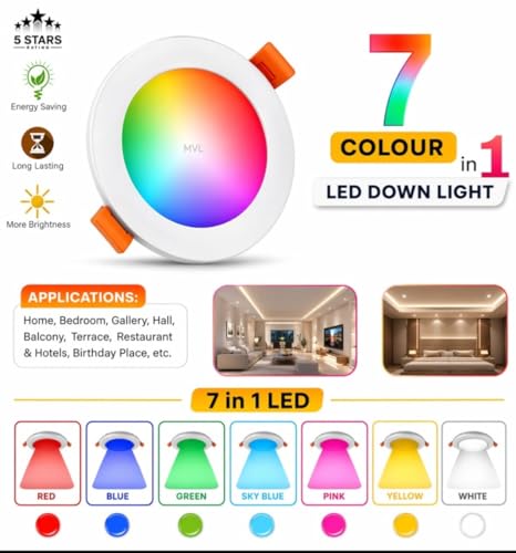 Image of MVL 10 Watt 7 in 1 Multicolour Ceiling Downlight Led Light (Red /Pink /Blue /Yellow /Violet /Green /Sky Blue /White) Pack of 12