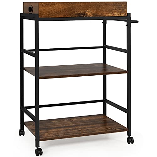 COSTWAY Carrito de Servicio de 3 Niveles, Bandeja de Madera Extraíble, Carrito Cocina Industrial con Ruedas Bloqueables y Asa, Camarera con Ruedas Hogar/Pub/Restaurante, 73 x 40 x 93 cm