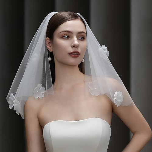 Floral Veil Short Bachelorette Party 3D Flower Wedding Veils for Brides, 2 Layers White Tulle Pearl Veil with Clip Elegant Bridal Accessories for Women and Girls4