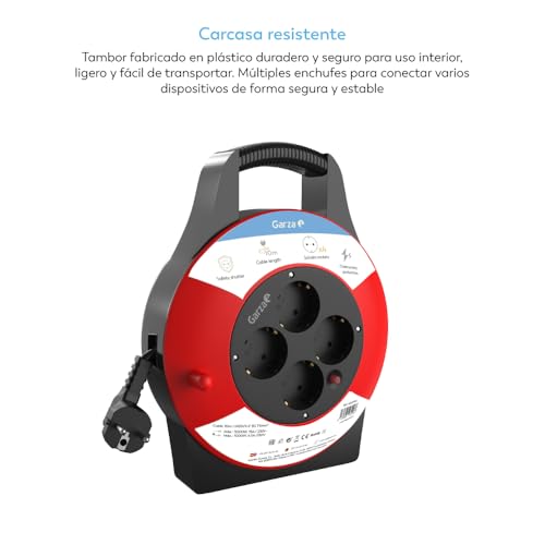 Miniatura 5 de Garza - Enrollacables 10 M, 4 Tomas Con Toma De Tierra, Doméstico Interior, Protección Infantil, Sobretensión Y Sobrecalentamiento, Tambor Eléctrico Enrollable, Rojo Y Negro, Ip20, Garantía 3 Años