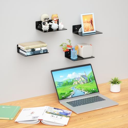 Image of 9 Inch Black Wall Shelves 4 Pack, Acrylic Wall Mounting Ledges Display, Acrylic Display Wall Shelf for Funko Pop Figures, Collectibles, Plants, Decor, Toiletries, Spices Jars, 4 Pack