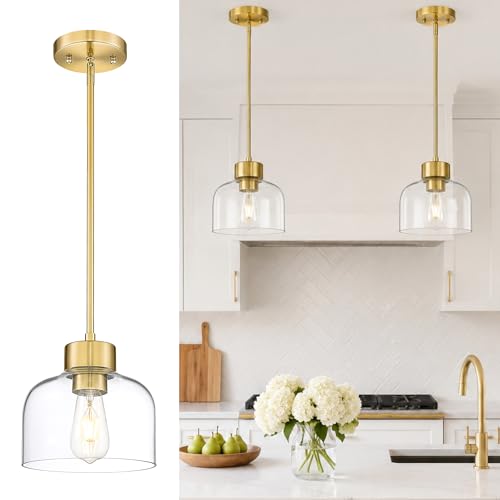 Image of 8 inch Brushed Gold Pendant Lights Kitchen Island, Clear Glass Shade
