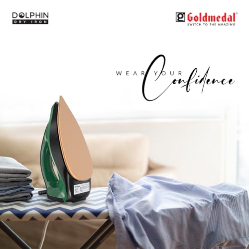 Image of Goldmedal Dolphin 1100W Dry Iron| Non-stick Weilburger Premium Coated Soleplate | iron for clothes | 5 Fabric Setting| Broad Base for Hot zone Protection | Shock-Proof Body (Green- Black)