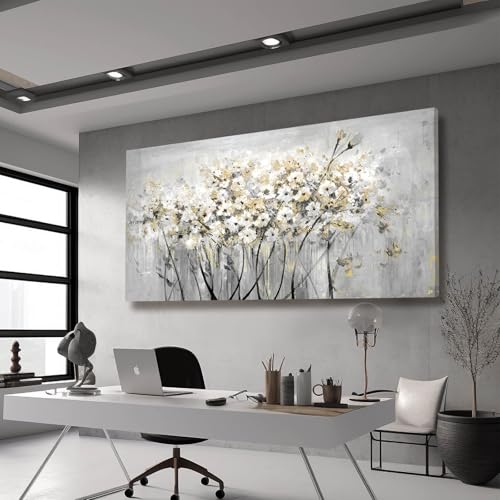Image of Flowers Canvas Wall Art White Paintings Grey Gold Contemporary Artwork Master Bedroom Wall Decor 29 inchx 58 inch Large Framed Art for Living Room Office Home Decor