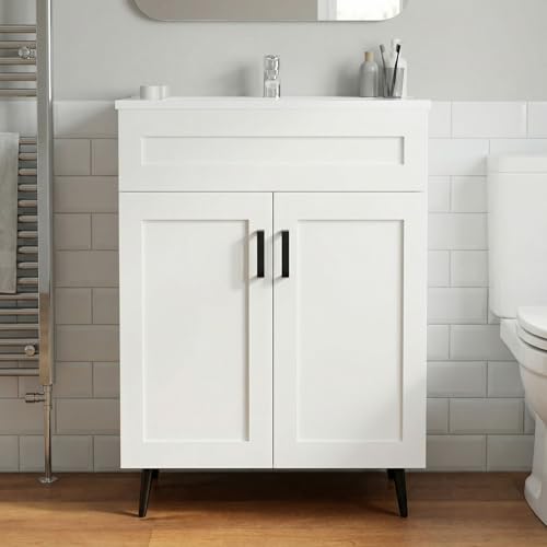 LDarqeer 600mm Bathroom Vanity Unit with Ceramic Basin White Freestanding Bathroom Sink Cabinet Modern Shaker Design Soft-Close Door Single Tap Hole White with Black Handles