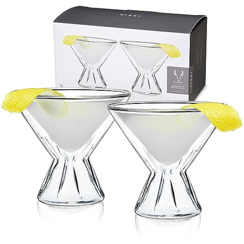 Viski Double Walled Cocktail Insulated Martini Cut Crystal Design-Dishwasher Safe Borosilicate Glass 8.5oz Set of 2, Clear