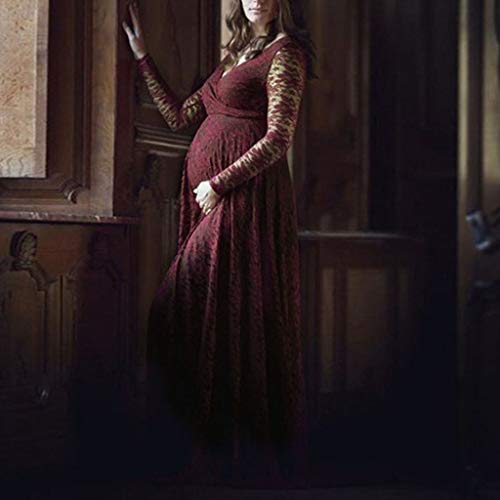 Lace Floral Maxi Dress for Women, Maternity Long Sleeve V Neck Photography Dress Plus Size Pregnant Gowns Wine Red